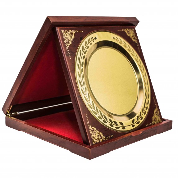 AWARD PLATE IN WOOD BOX/FOLDING GOLD 25X25X4CM 